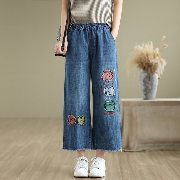 Quần jeans nữ ống suông lưng cao co giãn phối vải vá hình chú...