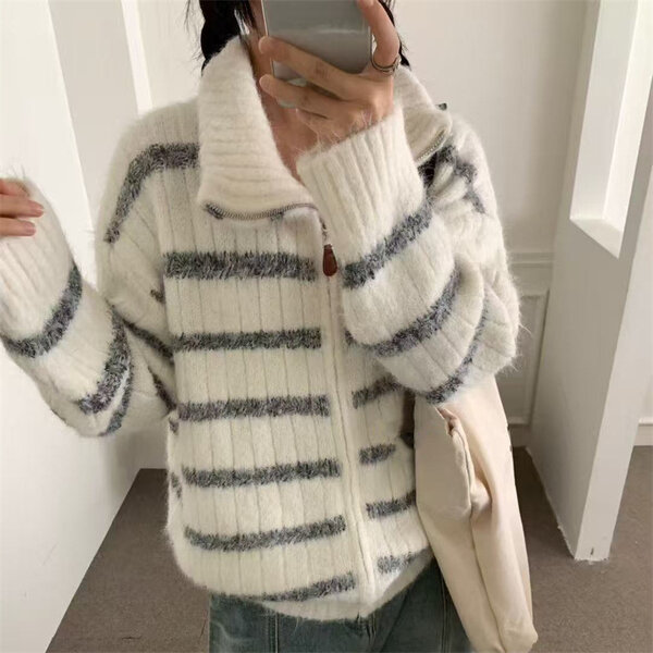 Áo khoác cardigan len kẻ sọc có khóa kéo, dáng rộng cho mùa thu...