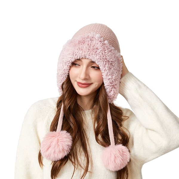 Mũ len nữ kiểu đội trùm đầu với ba quả bông trang trí, lót...
