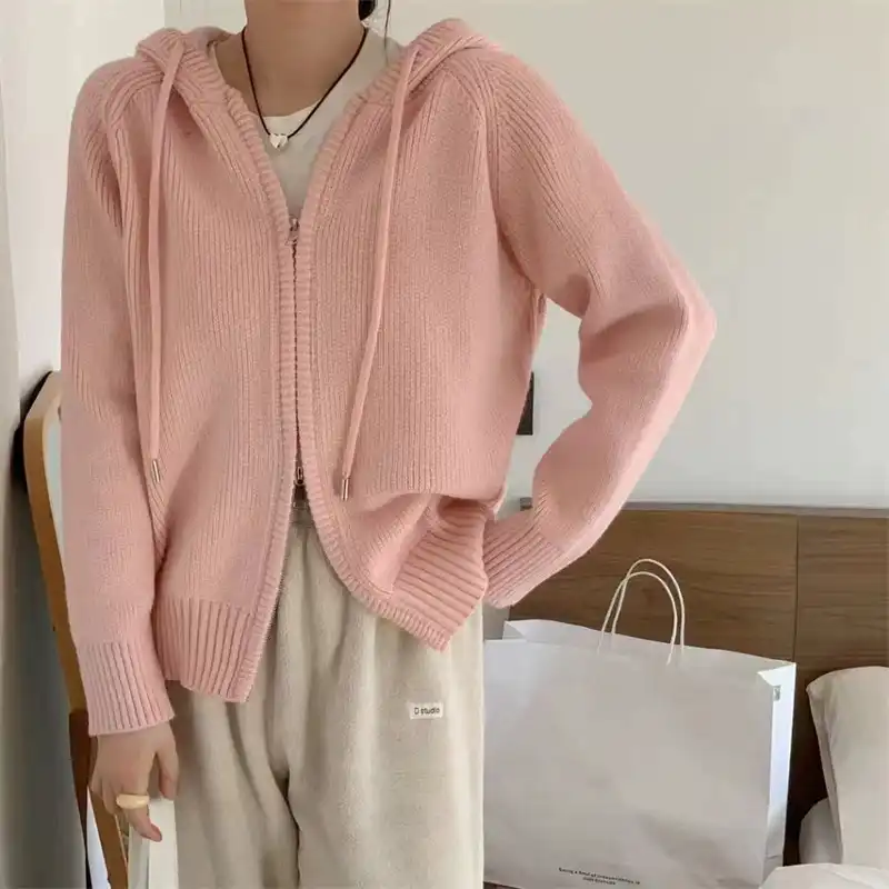 Áo len dệt kim có mũ trùm đầu dây kéo