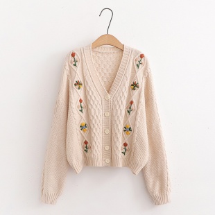 Áo len cardigan cổ điển thêu hoa form ngắn