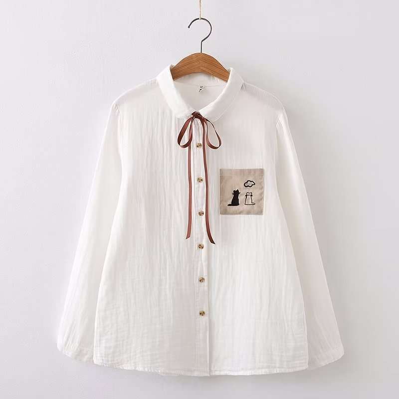Áo sơ mi nữ thêu hình 2 chú mèo đính nơ