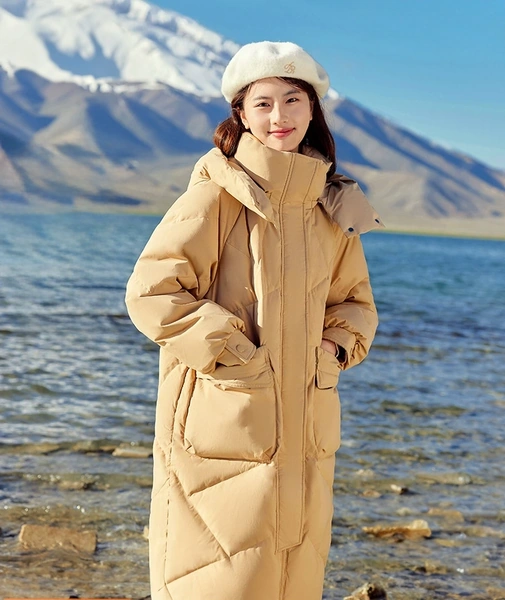 Áo khoác lông vũ cho nữ dài vừa phải có mũ đơn giản 