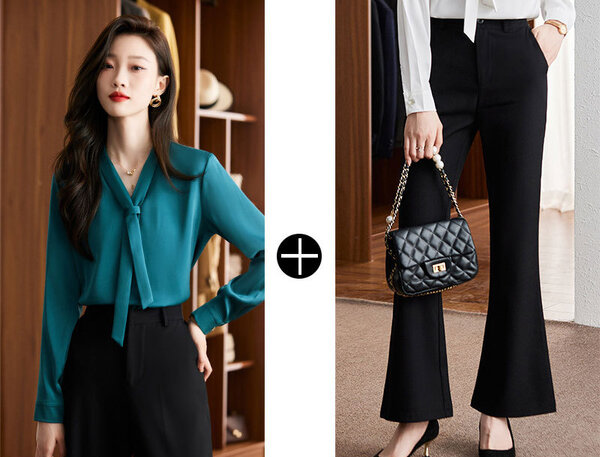 Áo sơ mi nữ dài tay cổ chữ V ruy băng