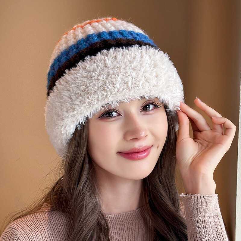 Mũ len nữ dày viền dệt kim phối nhiều màu
