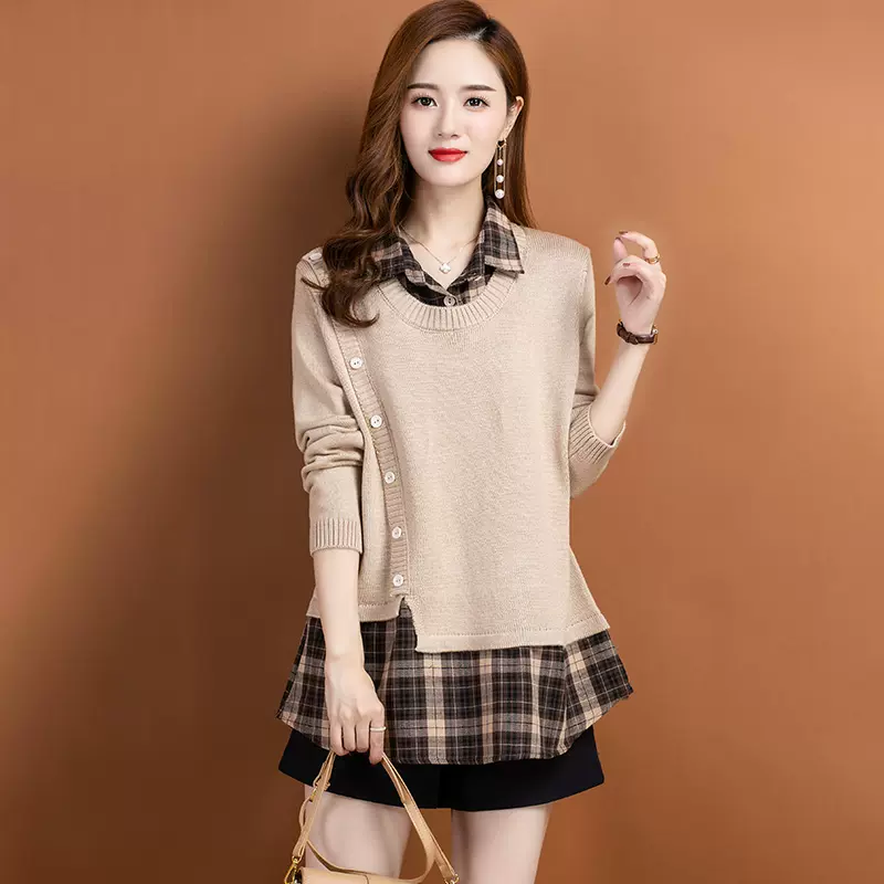 Áo len nữ giả hai dệt kim 