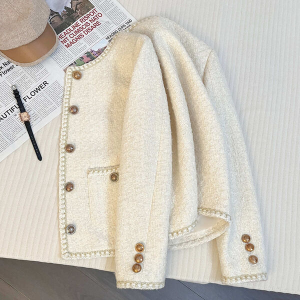 Áo blazer nữ trắng kem cổ tròn phong cách tiểu hương