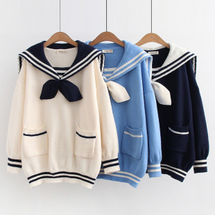 Áo len nữ kiểu thủy thủ cổ đính nơ