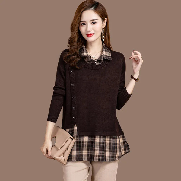 Áo len hai lớp nữ cổ sơ mi, dáng rộng