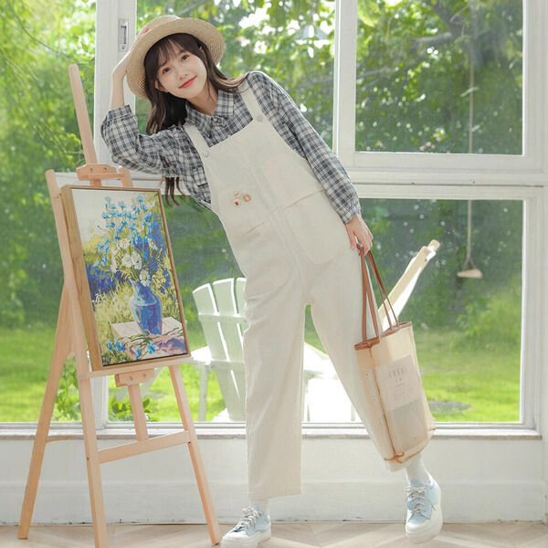 Quần yếm denim màu be cho nữ